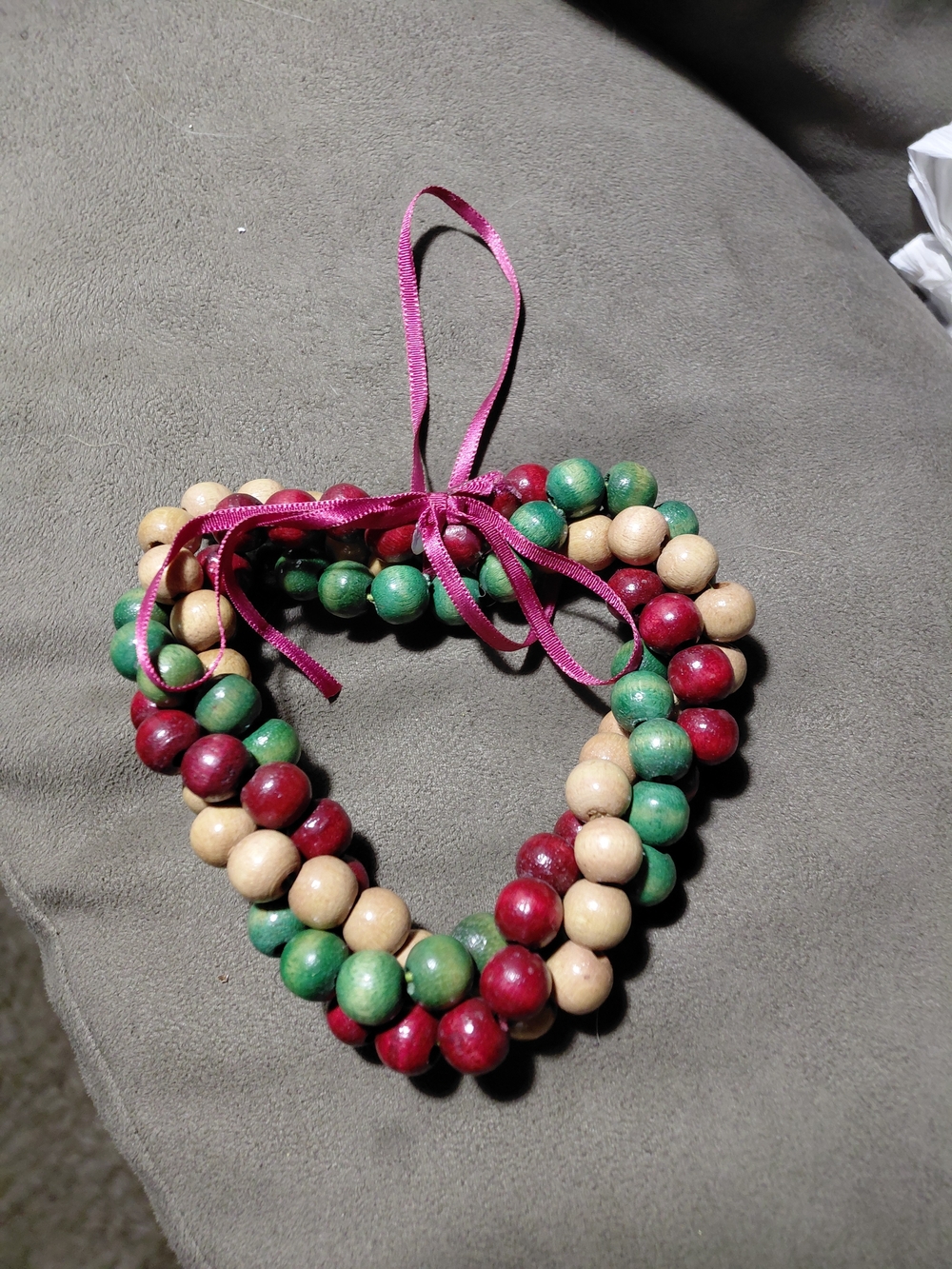 Handcrafted Wooden Bead Heart Ornament in Red, Green & Natural